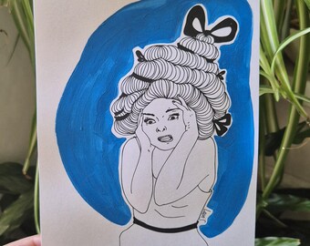 Freaking Out 4 – A5 Hand-Painted Art Print, Blue Illustration, Women’s Wall Art