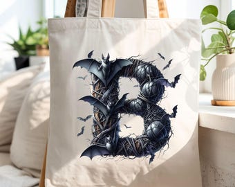 Personalized Halloween Tote Bag, Gothic Initial Tote, Bat Pumpkin Canvas Bag, Spooky Monogram Bag, Witchy Fall Trick Or Treat Gift