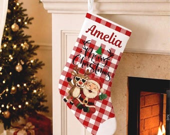 Personalized Christmas Stocking Buffalo Plaid Name Keepsake - Family Mantel Décor Holiday Gift