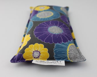 Headache & Eye Rice Bag - 4.5 x 10 inches, hot or cold therapy pack, purple, yellow, teal blue, gray, floral pattern, rice heating pad