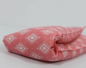 Neck Shoulder Rice Bag - 4.5 x 21 inches, hot or cold therapy pack, coral pink and white geometric pattern, rice heating pad