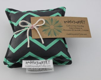 Hand Warmer Rice Bags - 4 x 4 inches, set of 2, hot or cold therapy pack, charcoal gray, mint, chevron pattern, heating pad, small rice bag