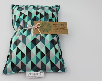 Rectangle Rice Bag - 6.5 x 10 inches, hot or cold therapy pack, teal, mint, gray, black, triangle pattern, foot warmer, rice heating pad