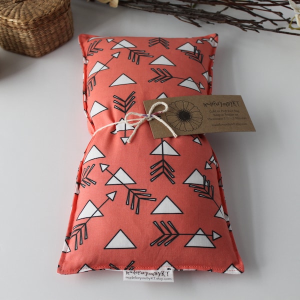 Large Rectangle Rice Bag - 6 x 12 inches, hot or cold therapy pack, rice heating pad, coral pink, watermelon, salmon, arrow triangle pattern