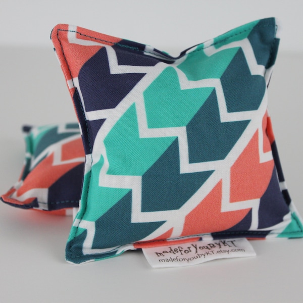 Hand Warmer Rice Bags - 4 x 4 inches, set of 2, hot cold therapy pack, coral, navy, teal geometric chevron pattern, heat pad, small rice bag