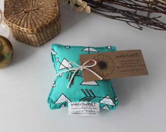 Hand Warmer Rice Bags - 4 x 4 inches, set of 2, hot or cold therapy pack, heating pad, small rice bag, teal green, arrow triangle pattern