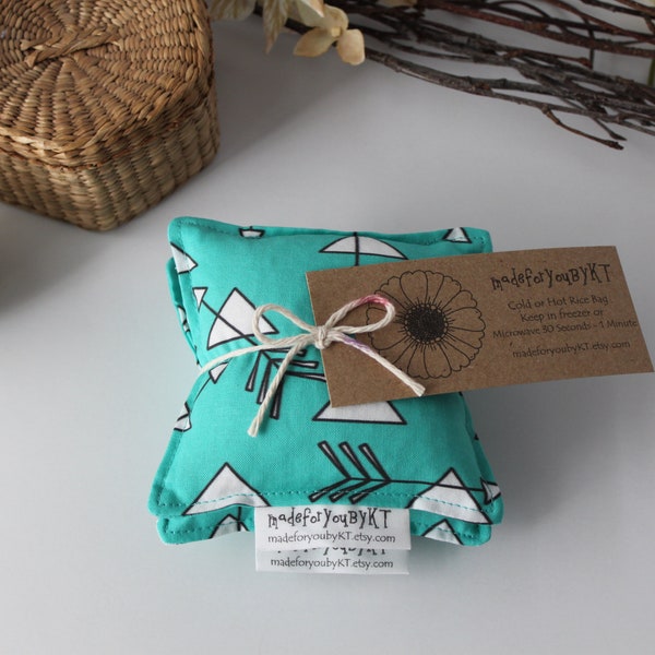 Hand Warmer Rice Bags - 4 x 4 inches, set of 2, hot or cold therapy pack, heating pad, small rice bag, teal green, arrow triangle pattern