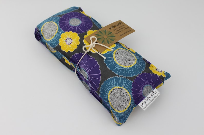 Neck & Shoulder Rice Bag 4.5 x 21 inches, hot or cold therapy pack, purple, yellow, teal blue, gray, floral pattern, rice heating pad image 4