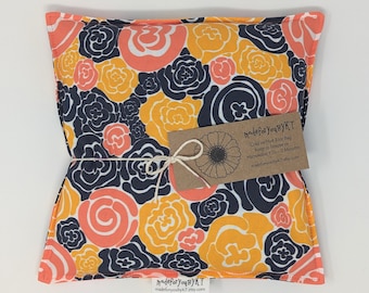 Large Square Rice Bag - 9 x 9 inches, hot or cold therapy pack, rice heating pad, foot warmer, yellow, navy, coral, abstract floral pattern