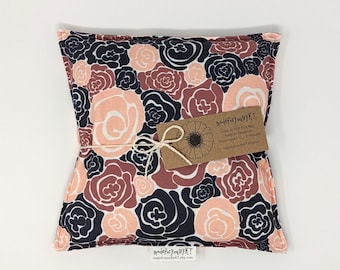 Large Square Rice Bag - 9 x 9 inches, hot or cold therapy pack, rice heating pad, foot warmer, mauve, pink, navy, abstract floral pattern
