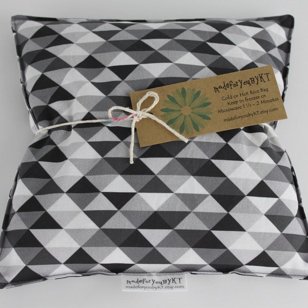 Large Square Rice Bag - 9 x 9 inches, hot or cold therapy pack, rice heating pad, foot warmer, black, white, and gray, triangle pattern