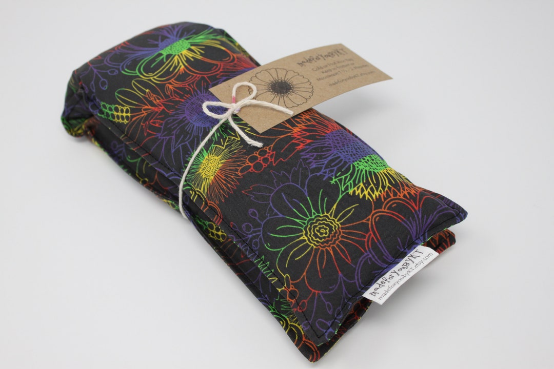 Neck & Shoulder Rice Bag 4.5 X 21 Inches, Hot or Cold Therapy Pack, Black With Rainbow Floral