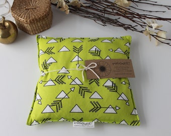 Large Square Rice Bag - 9 x 9 inches, hot cold therapy pack, rice heating pad, foot warmer, chartreuse, lime green, arrow triangle pattern