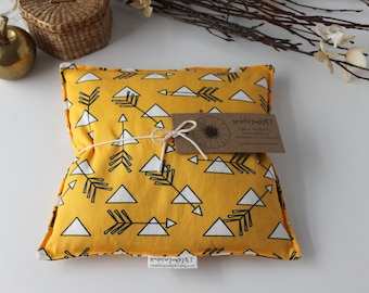 Large Square Rice Bag - 9 x 9 inches, hot or cold therapy pack, rice heating pad, foot warmer, yellow, white, arrow triangle pattern