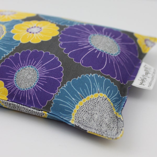 Large Rectangle Rice Bag - 6 x 12 inches, hot or cold therapy pack, rice heating pad, purple, yellow, teal blue, gray, floral pattern