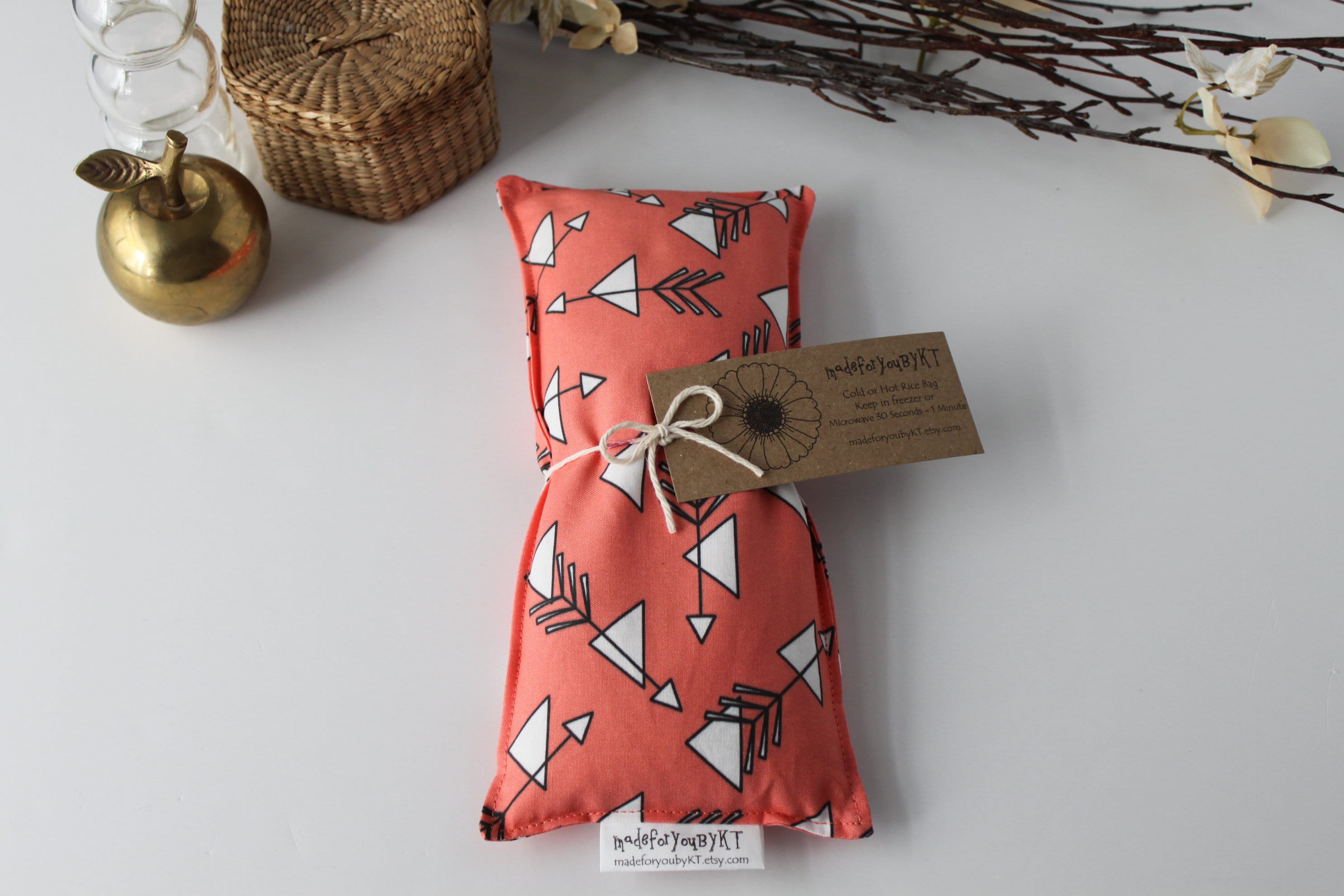 Headache & Eye Rice Bag - 4.5 x 10 inches, hot cold therapy pack, rice heating pad, coral pink, watermelon, salmon, arrow triangle pattern