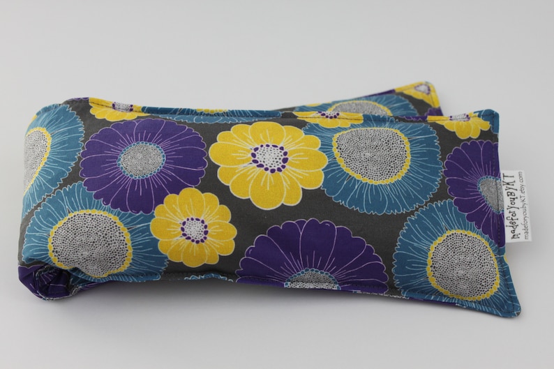 Neck & Shoulder Rice Bag 4.5 x 21 inches, hot or cold therapy pack, purple, yellow, teal blue, gray, floral pattern, rice heating pad image 2