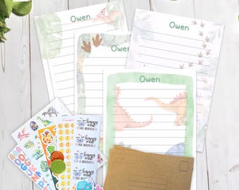 Personalized Dinosaur Kids Stationery Set | Dino Theme Paper, Stickers, Letter Writing Kit