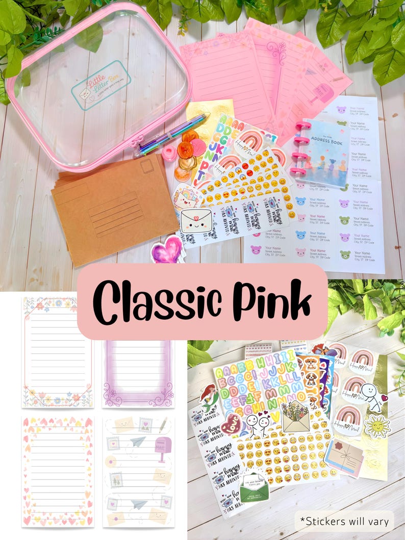 May include: A stationery set featuring a clear pink-trimmed pouch, brown envelopes, lined pink paper, a multi-color pen, a small address book, and various sticker sheets with emojis, rainbows, and letters. The text Little Letter Box is visible.