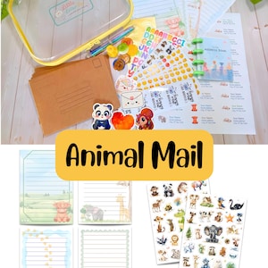 May include: A stationery set featuring a clear zippered pouch, brown envelopes, lined writing paper with animal illustrations, sticker sheets with various animals and emojis, a small address book, and address labels with the text Animal Mail.