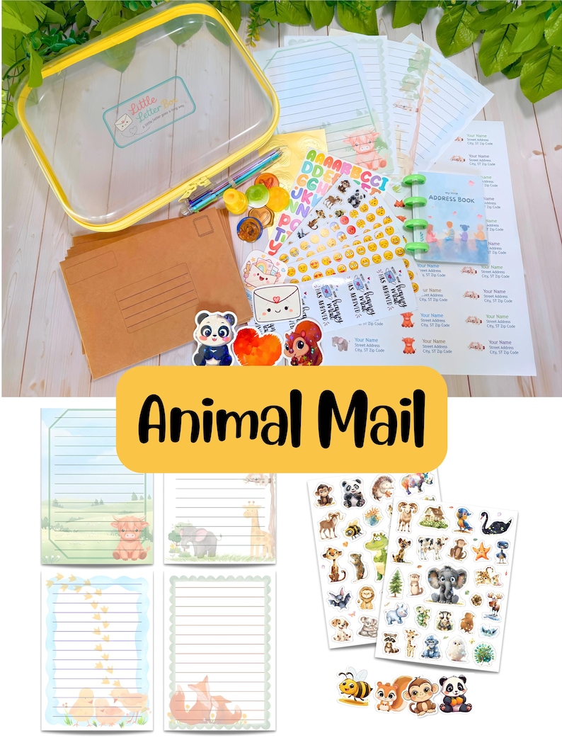 May include: A stationery set featuring a clear zippered pouch, brown envelopes, lined writing paper with animal illustrations, sticker sheets with various animals and emojis, a small address book, and address labels with the text Animal Mail.