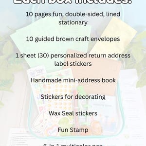 May include: A stationery kit containing 10 double-sided lined pages, 10 brown craft envelopes, a sheet of 30 return address labels, a mini-address book, decorative stickers, wax seal stickers, a stamp, a 6-in-1 multicolor pen, and an instruction card.