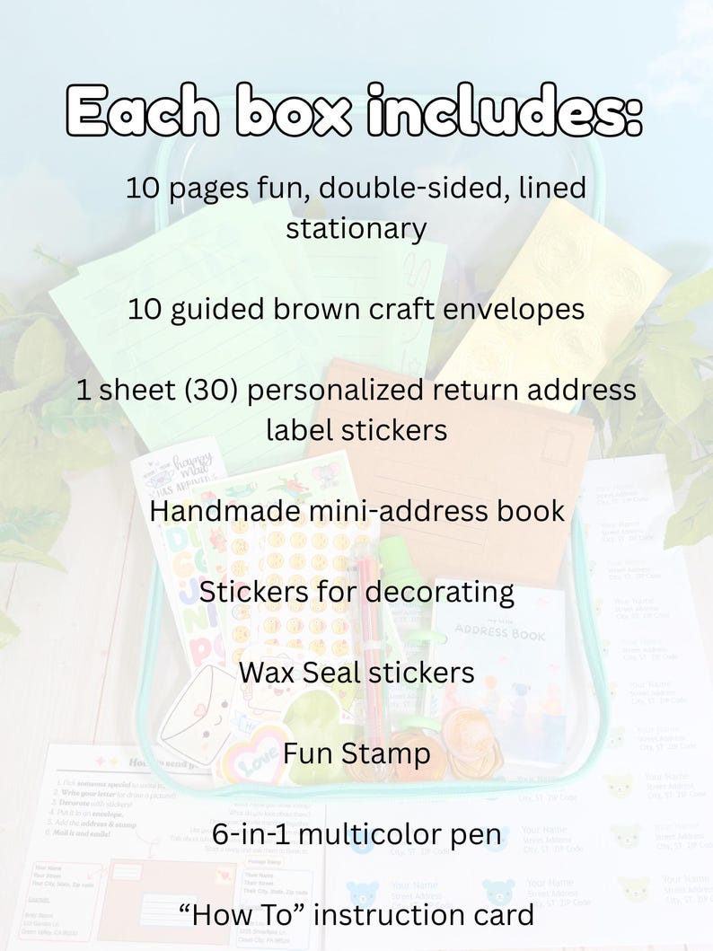 May include: A stationery kit containing 10 double-sided lined pages, 10 brown craft envelopes, a sheet of 30 return address labels, a mini-address book, decorative stickers, wax seal stickers, a stamp, a 6-in-1 multicolor pen, and an instruction card.