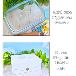 May include: A clear hard case zipper box with light blue trim and a Little Letter Box logo, alongside a white rectangular deluxe magnetic gift box featuring a gold wax seal closure and the same logo. Both boxes are shown as storage options.