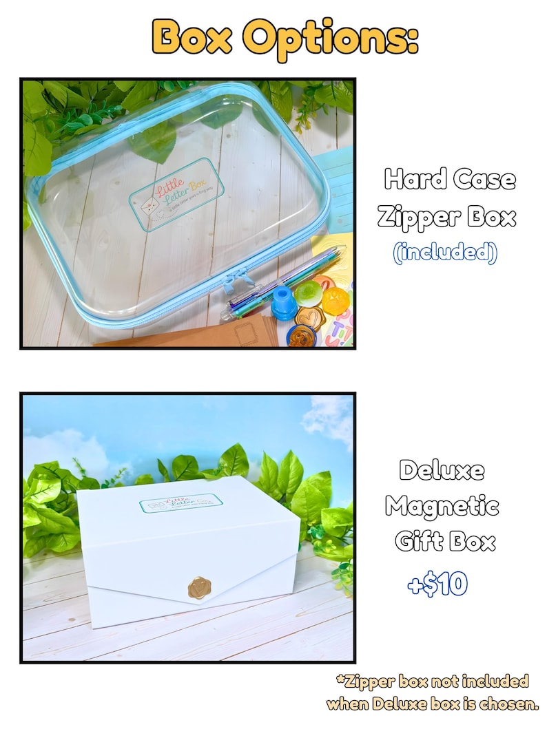 May include: A clear hard case zipper box with light blue trim and a Little Letter Box logo, alongside a white rectangular deluxe magnetic gift box featuring a gold wax seal closure and the same logo. Both boxes are shown as storage options.