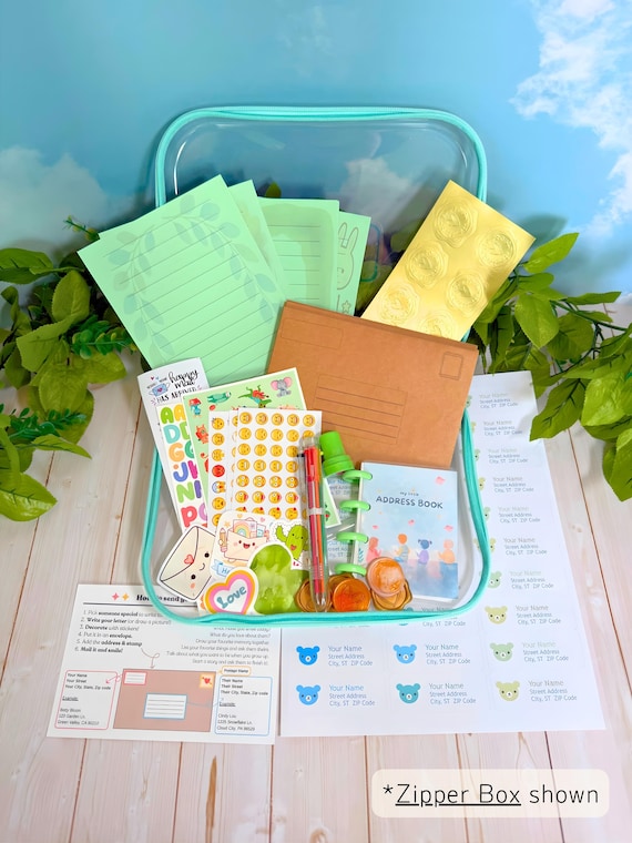 Kids Letter Writing Kit – Pen Pal Set with Themed Stationery, Personalized Address Labels, Stickers, Wax Seals (Zipper Case)