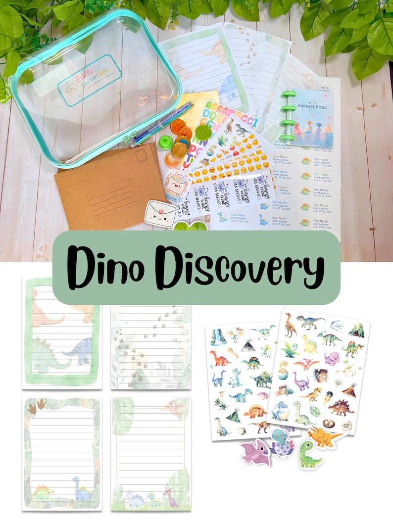May include: A stationery set featuring a clear zippered pouch labeled Little Letter Box, brown envelopes, lined paper with dinosaur illustrations, a small address book, sticker sheets with dinosaurs and emojis, and loose dinosaur-themed stickers.