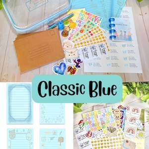 Kids Letter Writing Kit – Pen Pal Set with Themed Stationery, Personalized Address Labels, Stickers, Wax Seals (Zipper Case) Classic Blue