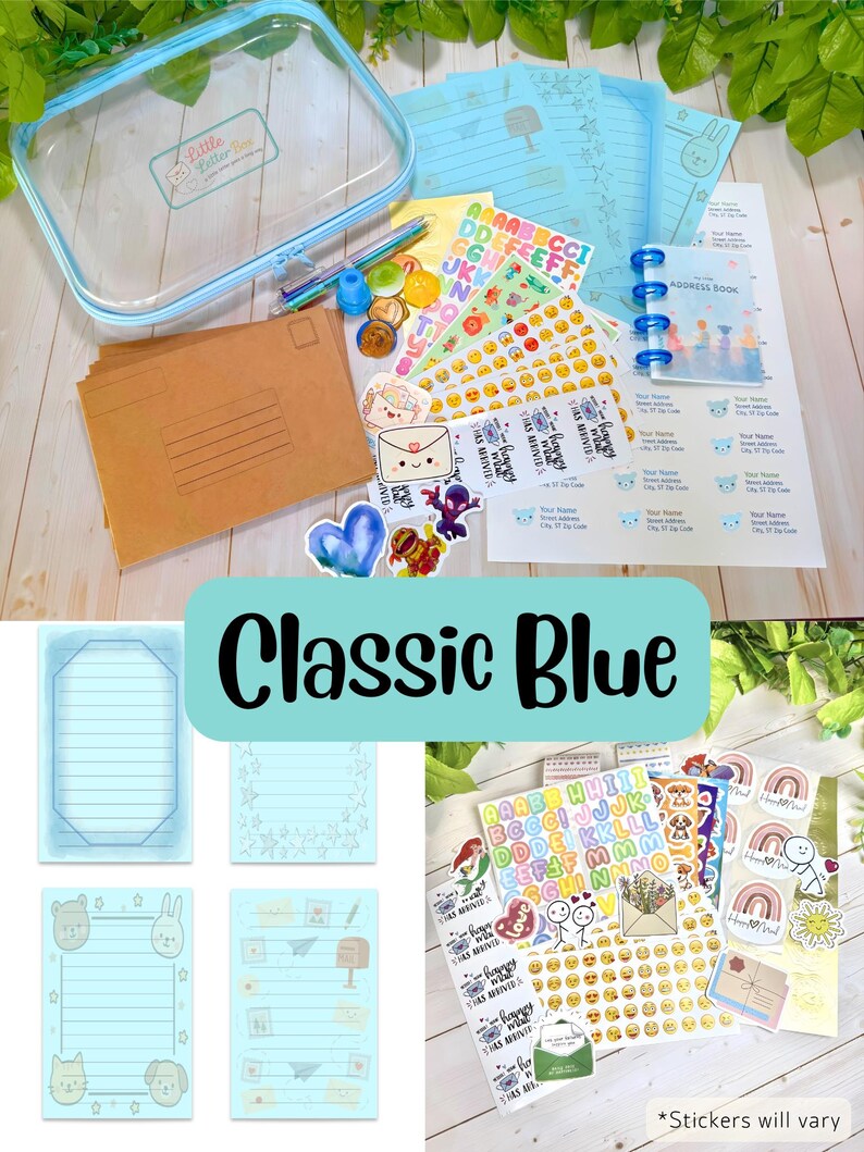 Kids Letter Writing Kit – Pen Pal Set with Themed Stationery, Personalized Address Labels, Stickers, Wax Seals (Zipper Case) Classic Blue