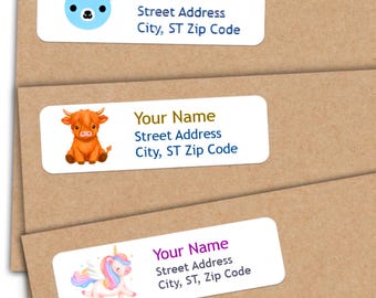 Personalized Kids Return Address Labels – Unicorn, Dinosaur, Animal Themes