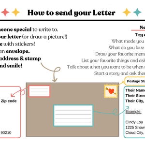 May include: An instructional guide titled How to send your Letter with six numbered steps and a list of writing prompts. It features a central brown envelope illustration with labeled sections for the sender's name, address, and a postage stamp.