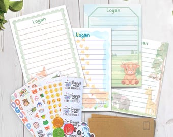 Personalized Animal Stationery Set for Kids | Elephant Fox Highland Cow Koala Writing Paper , Stickers