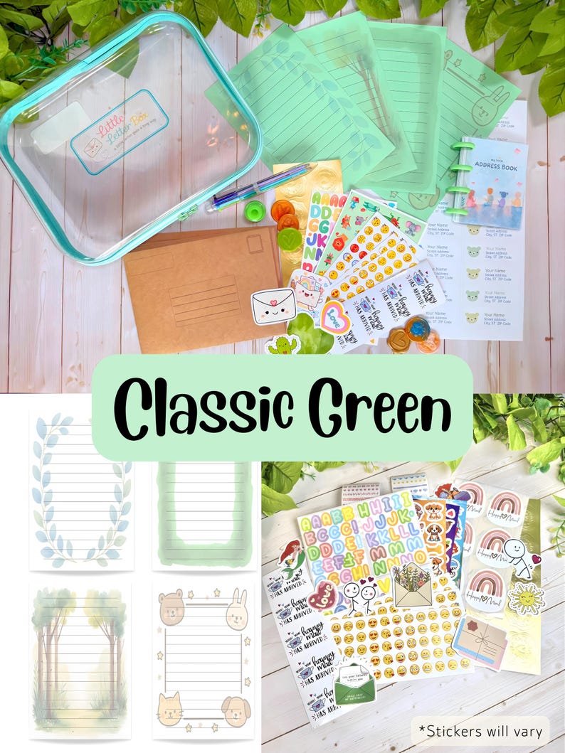 Kids Letter Writing Kit – Pen Pal Set with Themed Stationery, Personalized Address Labels, Stickers, Wax Seals (Zipper Case) Classic Green
