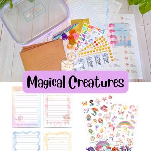 May include: A stationery set featuring a clear purple-trimmed pouch, brown envelopes, a multi-colored pen, and various sticker sheets. Includes lined writing paper with magical creature illustrations, a small address book, and die-cut stickers.