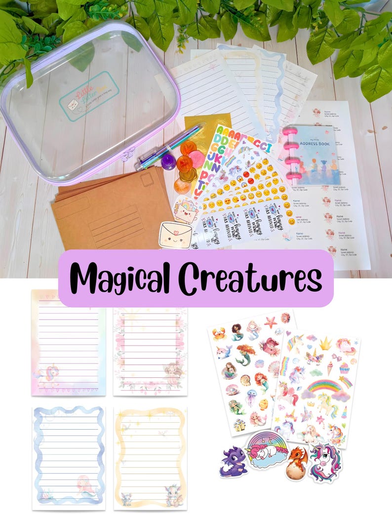 May include: A stationery set featuring a clear purple-trimmed pouch, brown envelopes, a multi-colored pen, and various sticker sheets. Includes lined writing paper with magical creature illustrations, a small address book, and die-cut stickers.