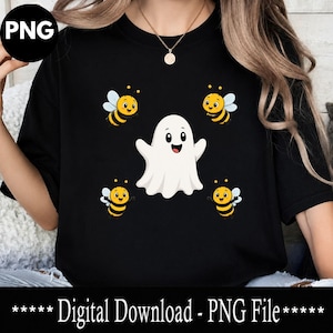 May include: A black t-shirt featuring a central white ghost graphic surrounded by four small, smiling yellow and black bees. The design is positioned on the front of the shirt, which is displayed as a digital download file for printing purposes.