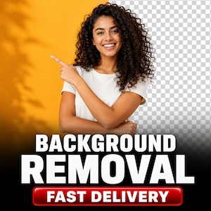 May include: A person with curly dark hair wearing a white t-shirt, pointing to the side. The image features the text BACKGROUND REMOVAL in large white letters and FAST DELIVERY in a red rectangular button at the bottom of the graphic.