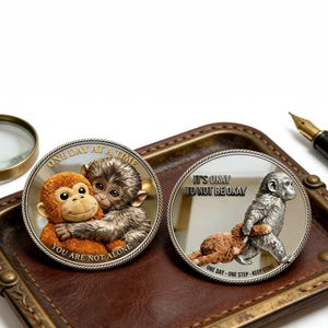 May include: Two silver-colored coins with monkey illustrations and inspirational quotes. One coin shows two monkeys hugging with the text "ONE DAY AT A TIME" and "YOU ARE NOT ALONE". The other coin has a monkey walking with the text "IT'S OKAY TO NOT BE OKAY" and "ONE DAY - ONE STEP - KEEP GOING".
