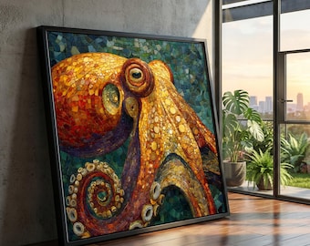 Mosaic Octopus Canvas Wall Art, Colorful Marine Life Decor, Ocean Animal Canvas, Nautical Home Decoration, Coastal Wall Art Design