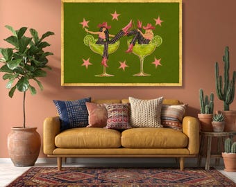 Retro Cowgirl Fun Canvas Wall Art, Margarita Cocktail Glass Artwork, Whimsical Bar Decor, Colorful Lounge Illustration, Playful Home Wall