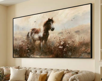 Majestic Brown and White Horse Canvas, Rustic Meadow Scene, Nature Wildlife Wall Art, Countryside Canvas Decoration, Farm Animal Canvas