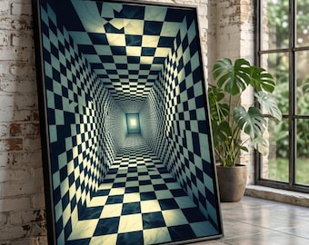 Optical Illusion Tunnel Canvas, Checkerboard Pattern Wall Art, Geometric Modern Canvas, Black and White Abstract Decor, Perspective Art