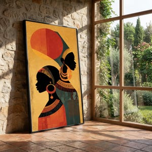 African Women Silhouettes Canvas Art, Ethnic Wall Decor, Tribal Fashion Canvas, Bold Color Contrast, Modern Cultural Canvas Art