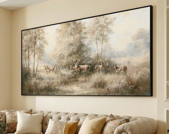 Serene Deer Herd in Misty Forest Canvas, Woodland Animal Wall Art, Nature Landscape Decor, Rustic Wildlife Scene, Ready to Hang Canvas