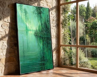 Tranquil Forest Lake Canvas, Green Nature Reflection Wall Art, Peaceful Woodland Scene, Modern Landscape Canvas, Serene Home Decor