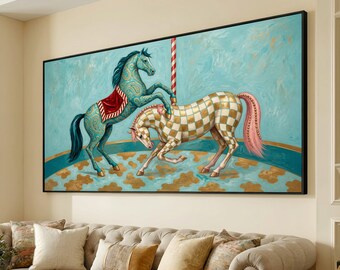 Vintage Carousel Horses Canvas, Whimsical Circus Wall Art, Blue and Gold Home Decor, Playful Animal Canvas Design, Ready to Hang